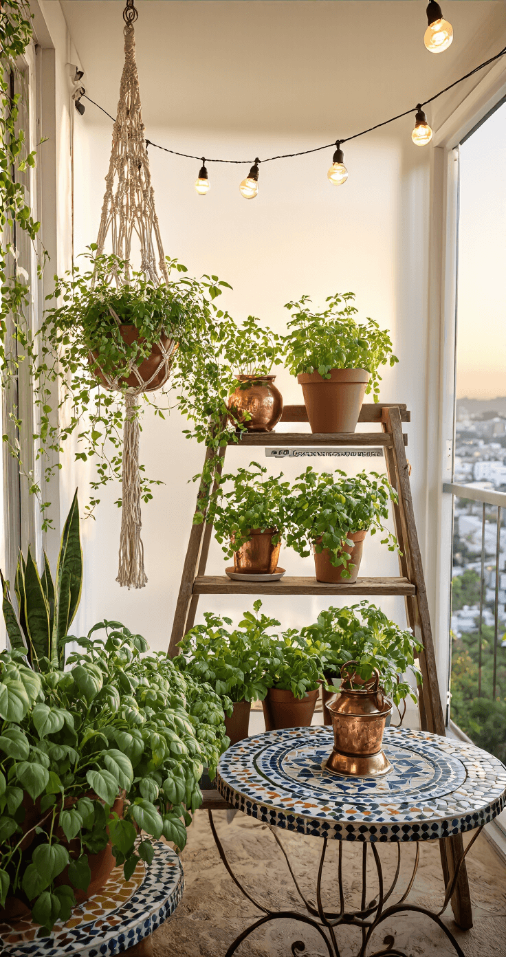 A bohemian balcony garden at sunset featuring macramé plant hangers with trailing herbs, an upcycled wooden ladder showcasing potted cilantro and mint, Moroccan-inspired mosaic tables with copper vessels collecting rainwater, and string lights overhead, all captured in a dreamy bokeh effect.