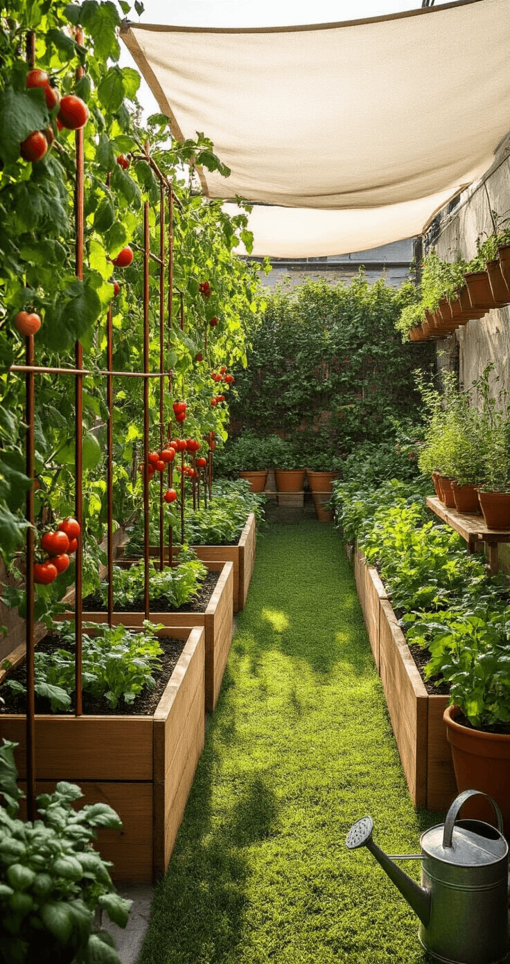 How to Create a Thriving Terrace Kitchen Garden: Your Urban Oasis of Fresh, Organic Produce A vibrant urban terrace garden at golden hour, showcasing geometric raised wooden beds filled with lush tomato vines and leafy greens, surrounded by terra cotta containers of cascading herbs, with a vintage watering can and gardening station, all illuminated by soft natural light filtering through a white shade sail.