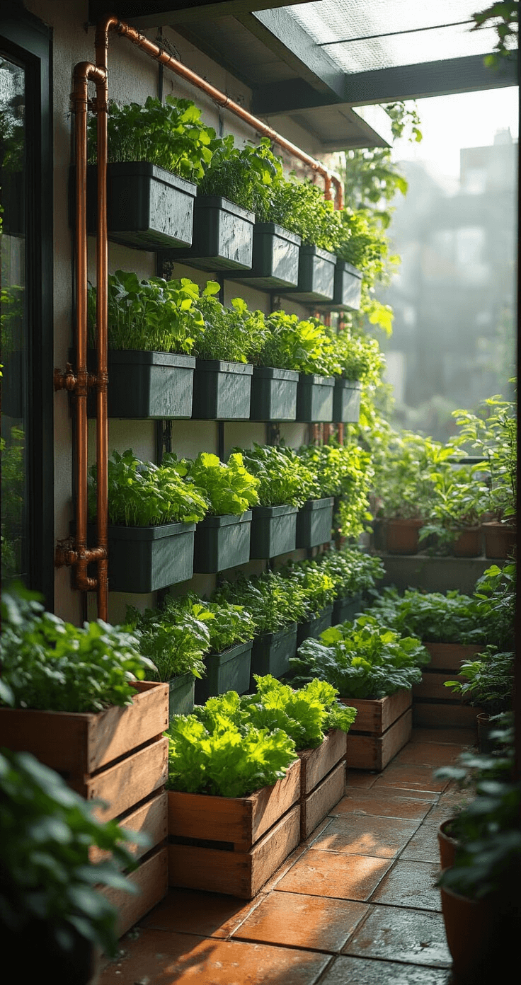How to Create a Thriving Terrace Kitchen Garden: Your Urban Oasis of Fresh, Organic Produce A low-angle view of a compact terrace garden corner featuring a vertical garden of herbs and lettuce in recycled plastic containers, dew glistening on leaves under early sunlight. A DIY irrigation system with copper pipes, vintage wooden crates as planters, and a color scheme of emerald greens, weathered grays, and copper accents, with soft morning mist for added atmosphere.