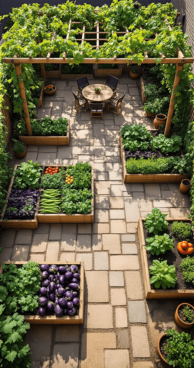 How to Create a Thriving Terrace Kitchen Garden: Your Urban Oasis of Fresh, Organic Produce Overhead view of a 20x30ft terrace garden featuring raised vegetable beds in geometric patterns, climbing plants on bamboo trellises, a central grapevine-covered pergola, and terracotta pots, emphasizing natural materials and vibrant colors.