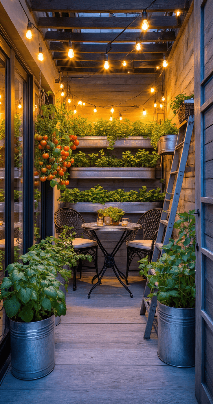 How to Create a Thriving Terrace Kitchen Garden: Your Urban Oasis of Fresh, Organic Produce A cozy terrace garden seating area at twilight, featuring a bistro set surrounded by container herbs and robust tomato plants in galvanized metal planters, illuminated by twinkling string lights. A vintage ladder serves as a vertical garden, with warm and cool lighting creating an inviting atmosphere. The scene highlights weathered wood, brushed metal, and textured ceramic pots, with a color palette of deep blues, warm yellows, and silver accents.