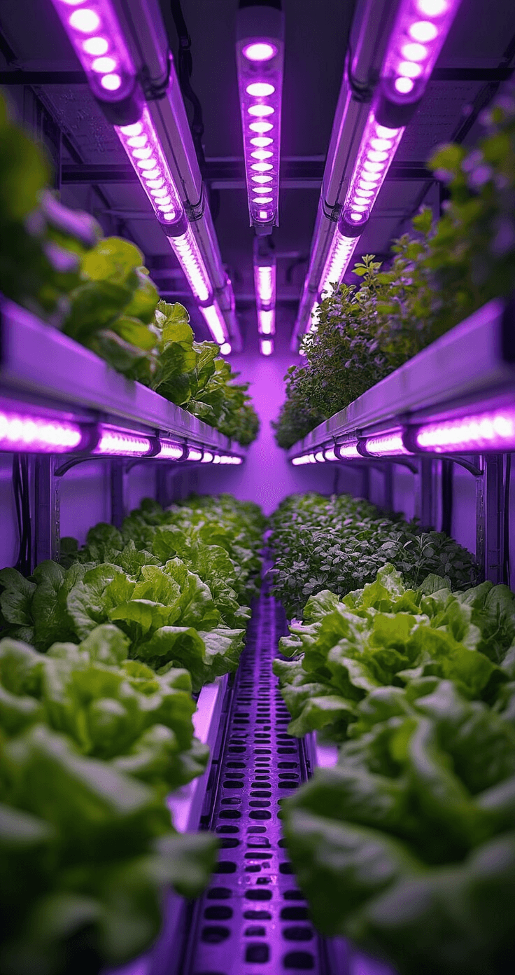 How to Create a Thriving Terrace Kitchen Garden: Your Urban Oasis of Fresh, Organic Produce Close-up of a modern hydroponic system on a terrace, featuring white PVC pipes with vibrant lettuce and herbs, illuminated by purple LED grow lights. The shot captures the vertical design with stainless steel frames and clear water tubes, blending technical equipment with organic growth.