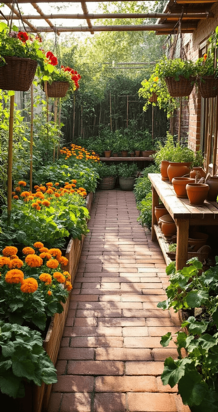 How to Create a Thriving Terrace Kitchen Garden: Your Urban Oasis of Fresh, Organic Produce Wide-angle shot of a 25x25ft terrace garden in morning light, featuring marigold borders around vegetable beds, nasturtiums in hanging baskets, a rustic potting bench with clay pots, bamboo stakes, and reclaimed brick pathways, all in warm earth tones with bright floral accents.