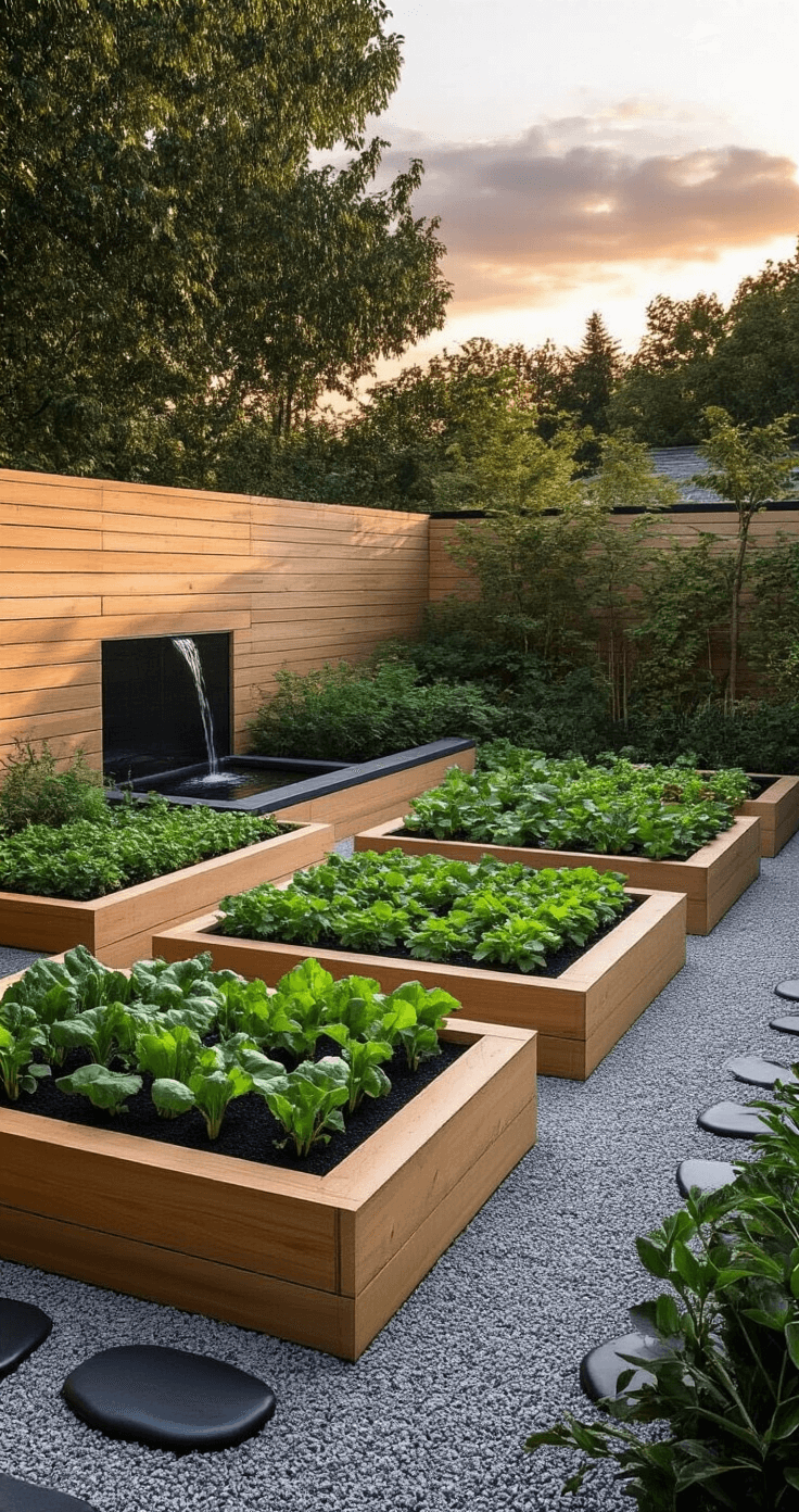 How to Create a Thriving Terrace Kitchen Garden: Your Urban Oasis of Fresh, Organic Produce Minimalist Japanese-inspired terrace garden at sunset featuring cedar boxes with vegetables, gravel pathways, and a small water feature, illuminated by evening light casting dramatic shadows.