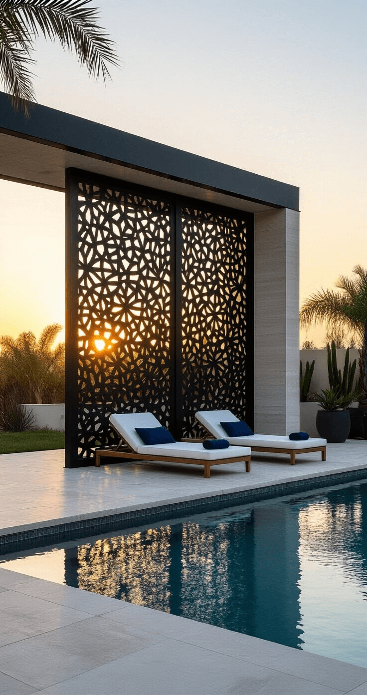 Contemporary pool deck at golden hour featuring a tall black metal privacy screen casting intricate shadows across light grey travertine tiles, with white loungers, navy cushions, and potted palms, shot from a low angle against a warm sunset sky. Outdoor Privacy Screens