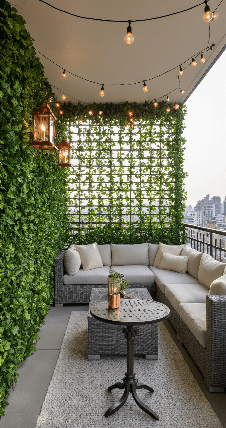 Intimate high-rise balcony adorned with faux ivy privacy screens, featuring a modern grey sectional with cream cushions, overhead copper lanterns, and a hammered metal bistro table, with a city backdrop visible through screen gaps.