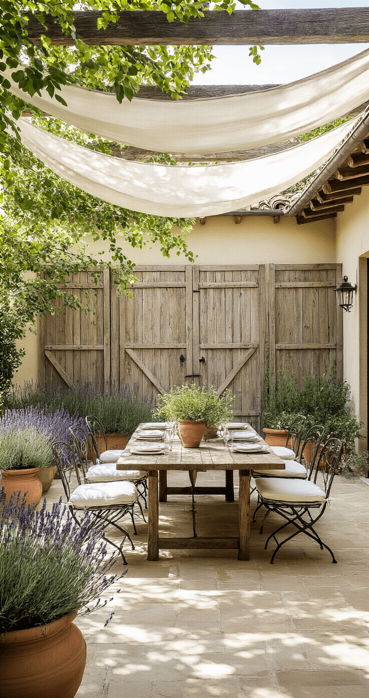 A charming Mediterranean patio featuring a rustic farm table surrounded by iron chairs with ivory cushions, framed by weathered wooden privacy screens and terracotta pots filled with lavender and rosemary, all under a pergola draped in white fabric, illuminated by warm afternoon light.