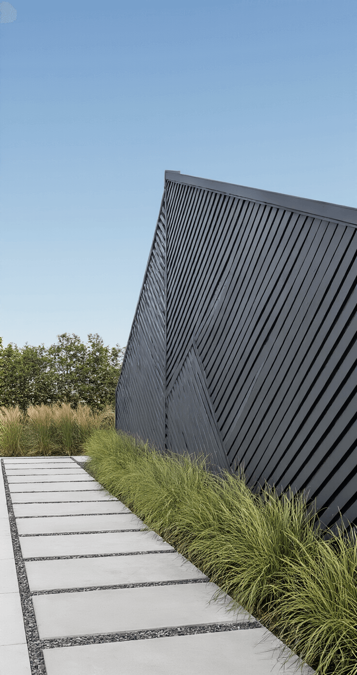 A contemporary utility area featuring a 12x8ft diagonal composite screening in charcoal grey that conceals AC units while allowing airflow. Minimalist concrete pavers lead to the area, with architectural grasses softening the edges. The image is shot straight-on, highlighting geometric patterns and showcasing texture in even daylight with side lighting.