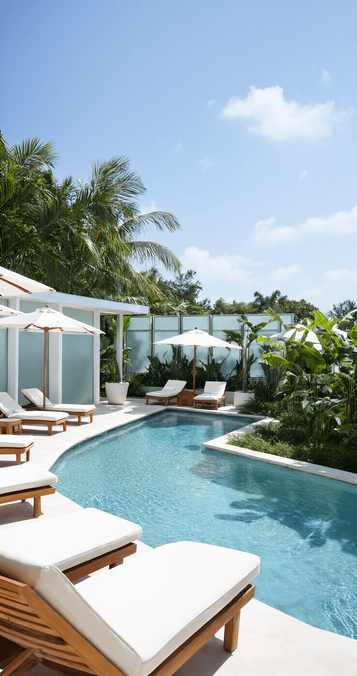 Luxury resort-style pool area with mixed-material privacy solution featuring frosted glass panels and tropical plantings, teak chaise lounges, oversized white umbrellas, and an airy atmosphere, captured from an elevated perspective.