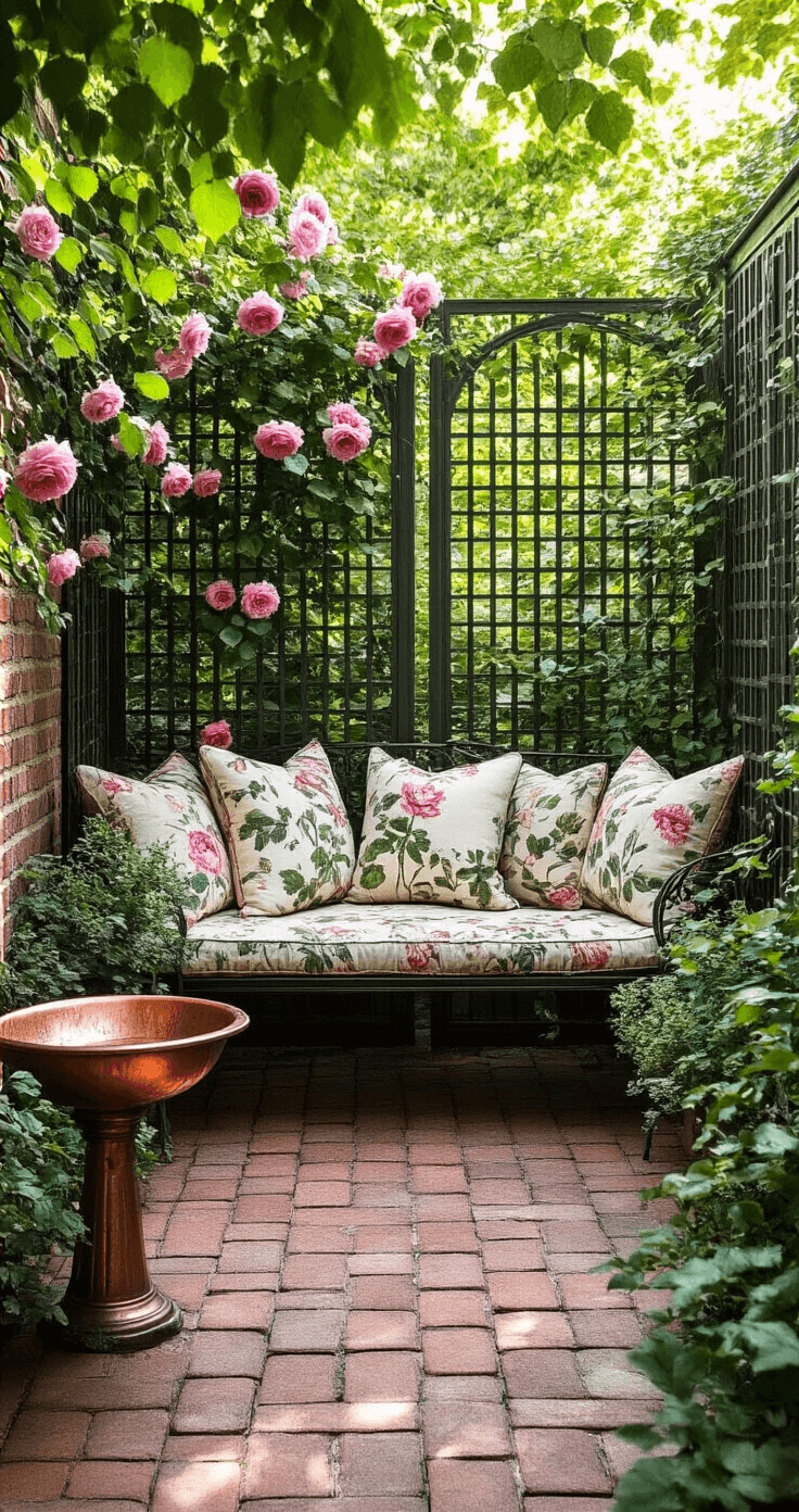 Intimate garden nook featuring vintage metal privacy screens adorned with climbing roses and clematis, weathered brick paving in a herringbone pattern, and a wrought iron bench with plush botanical-print cushions, bathed in soft morning light with a copper bird bath glistening in the background.