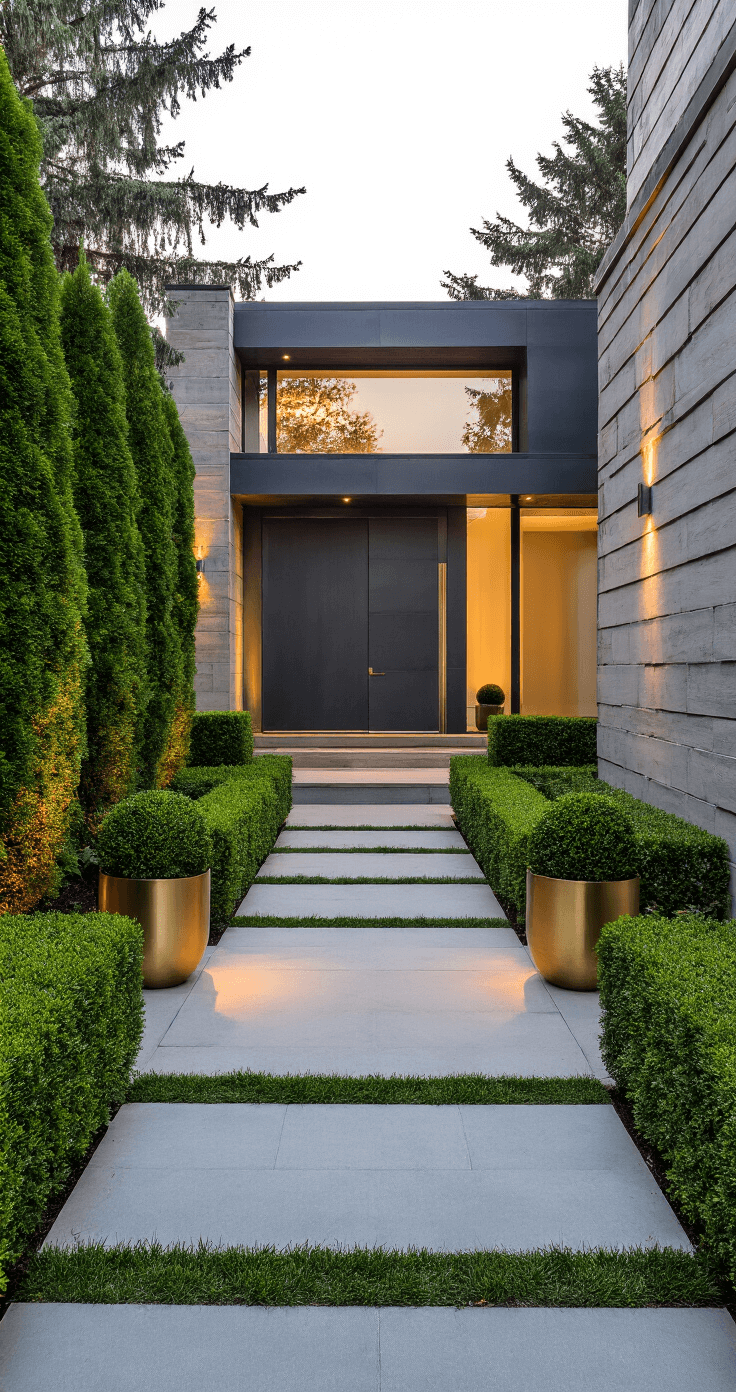 A modern formal front yard at golden hour, featuring geometric layout with boxwood hedges, a charcoal gray front door flanked by brass planters, large-format concrete paver pathway, and layered evergreens creating depth.