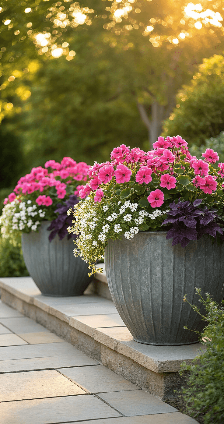 Late afternoon scene featuring two oversized weathered zinc planters filled with cascading pink geraniums, white bacopa, and purple sweet potato vine, framing stone steps. Golden backlighting highlights plant textures against warm stone pavers. Depth of field enhances container detail.