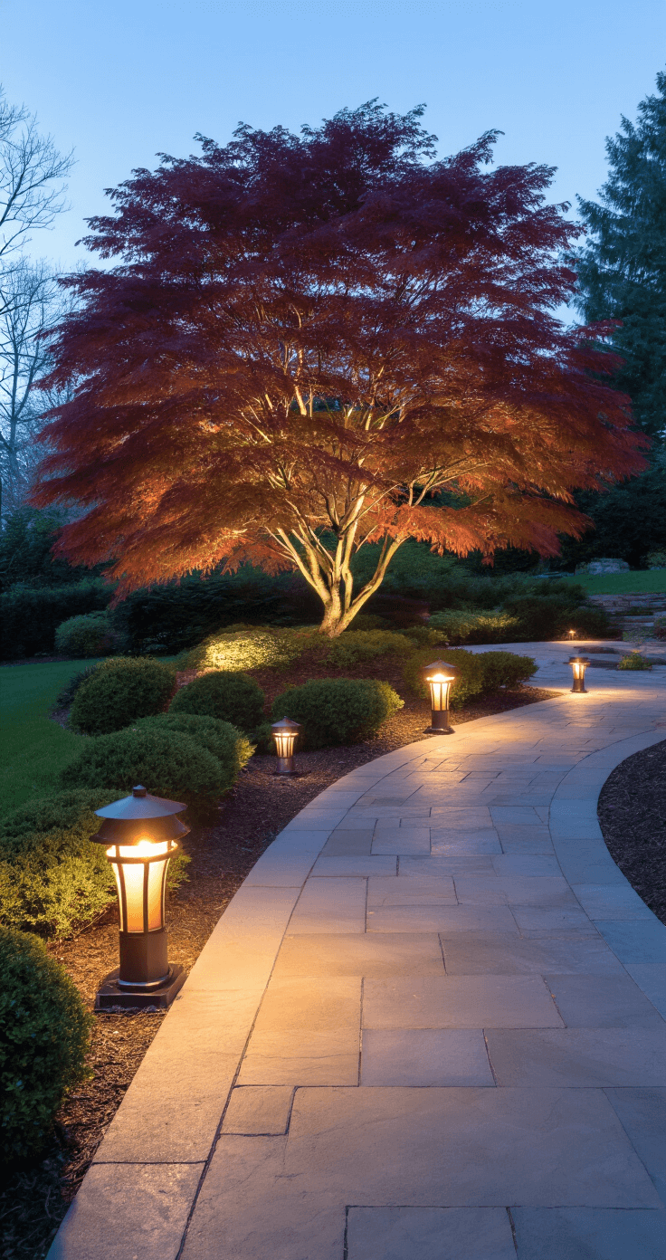 Twilight architectural shot featuring a 20-foot Japanese Maple illuminated by garden lights, with warm path lights along a curved bluestone walkway and cool LED uplighting on columns, showcasing light and shadow interplay.