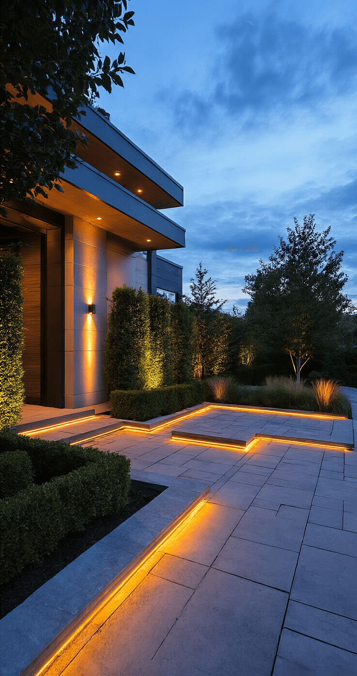 A wide-angle dusk shot showcasing a modern concrete paver driveway with LED strip lighting, bordered by boxwood squares and ornamental grasses, featuring dramatic uplighting on the facade and illuminated path lights along circulation routes. The cool blue hour enhances the contemporary design.