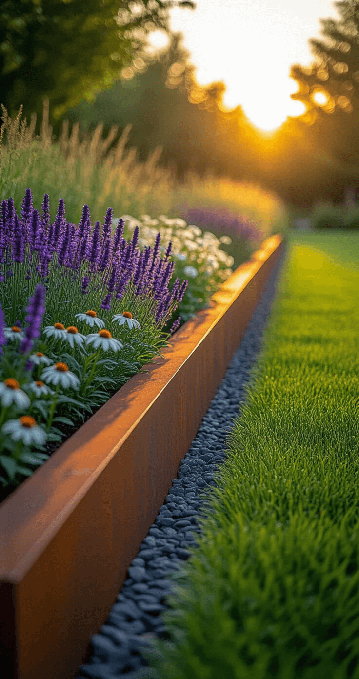 A wide-angle shot of a modern garden border at golden hour, featuring weathered Corten steel edging separating a lush perennial bed with purple salvias and white echinacea from a manicured lawn, with dramatic shadows and glowing metal.