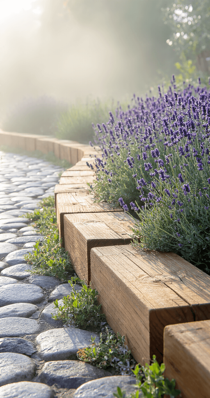 Intimate morning scene of a rustic cedar wood garden edge with natural fog diffusing sunlight, showcasing rough-hewn cedar planks in a curve, dewy cobblestones, and cascading creeping thyme, highlighting wood grain texture against cool blues and silvers of adjacent lavender plants.