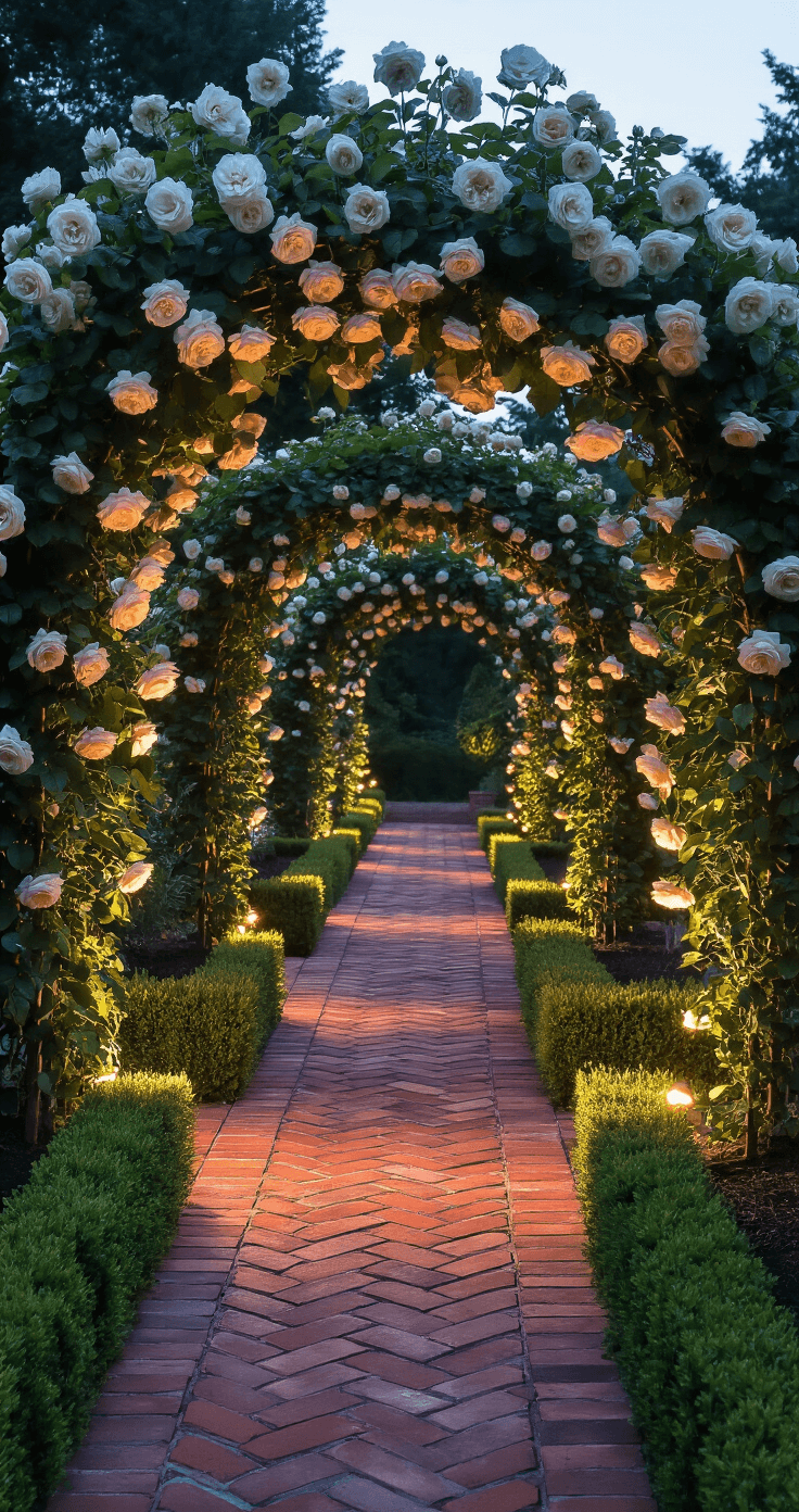 Aerial view of a formal garden border with vintage herringbone-laid brick edging, highlighted by moody evening lighting. White David Austin roses arch gracefully, creating a bokeh effect, while structured boxwood adds architectural interest in the background.