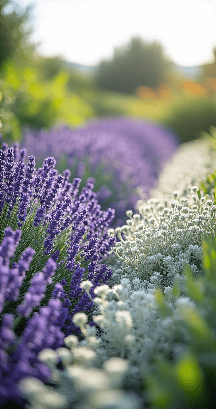 A vibrant garden edge featuring compact lavender and santolina in sharp focus, showcasing silver foliage textures against a softly blurred background. The eye-level shot captures the organic billowing forms with strong midday light highlighting the plant structures and creating depth through shadows, featuring a Mediterranean-inspired color palette of silvers, purples, and sage greens.