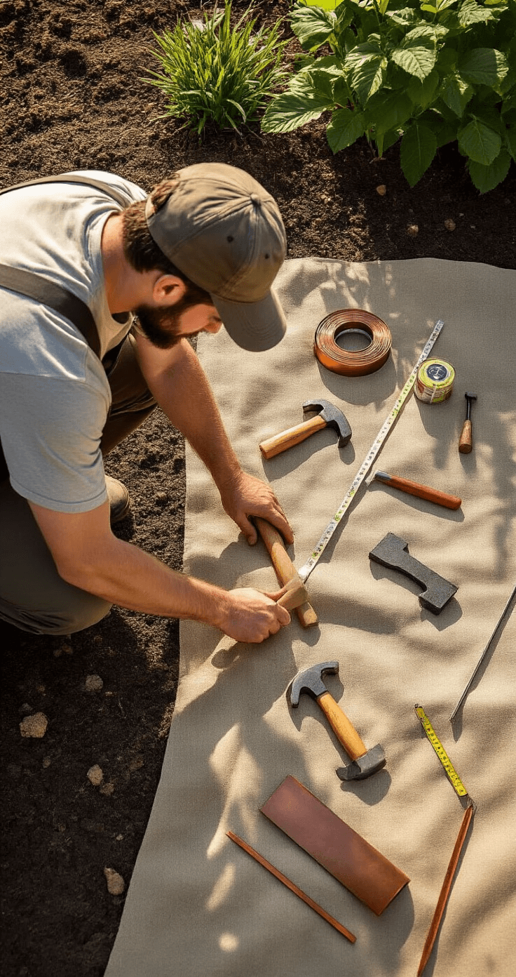 Overhead view of a gardener installing copper metal edging on a neutral ground cloth, with tools like a hammer, stakes, and a measuring tape arranged artfully, all illuminated by soft morning light that highlights the rich earth tones and silver tool accents.