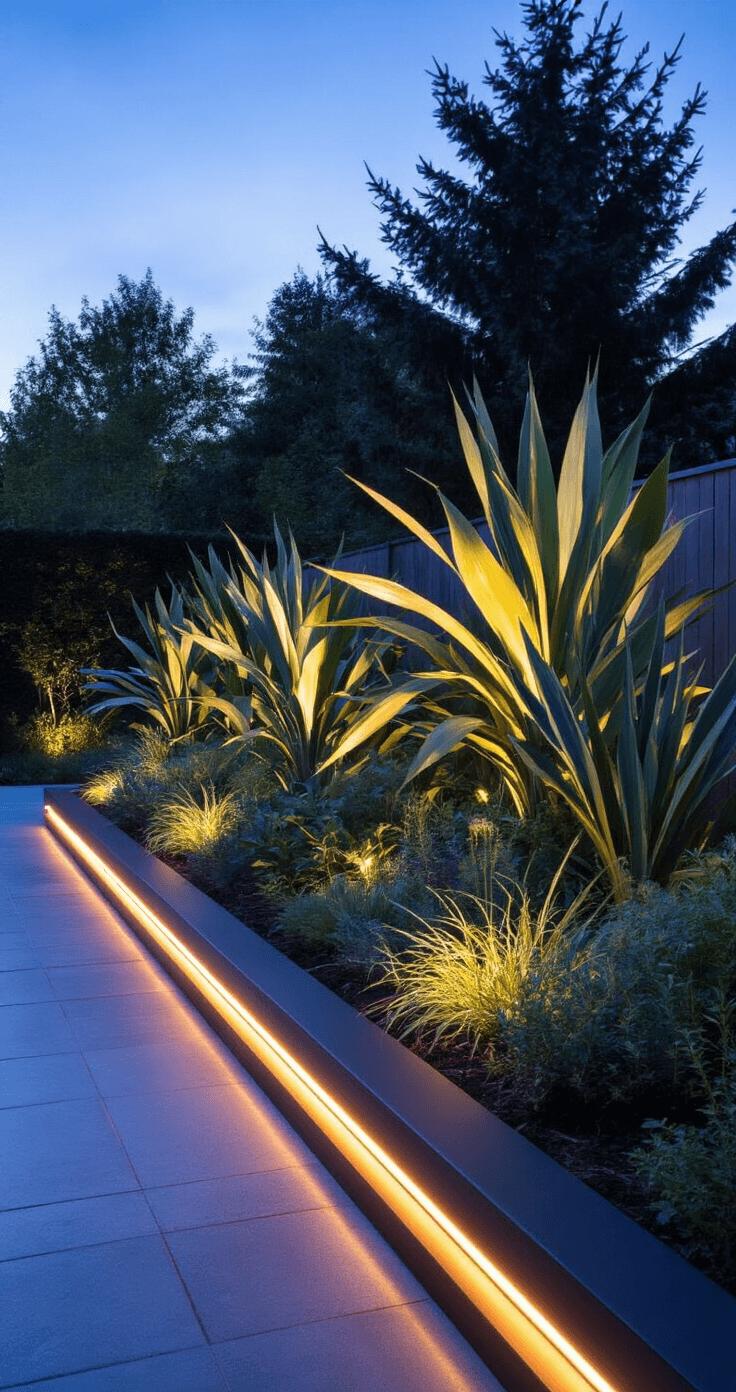 Contemporary garden border at twilight showcasing sleek black LED-illuminated composite edging, with sculptural plants casting dramatic silhouettes, cool blue lighting enhancing architectural features, and warm spotlights highlighting key plants.
