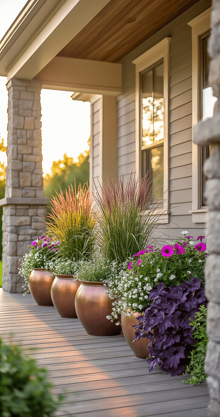 A low-angle shot of a craftsman-style front porch at golden hour, featuring graduated copper planters with tall purple fountain grass, dusty pink petunias, and white alyssum, while silver dichondra and purple sweet potato vine cascade over aged containers. Warm light casts long shadows on weathered wood decking, framed by natural stone columns.