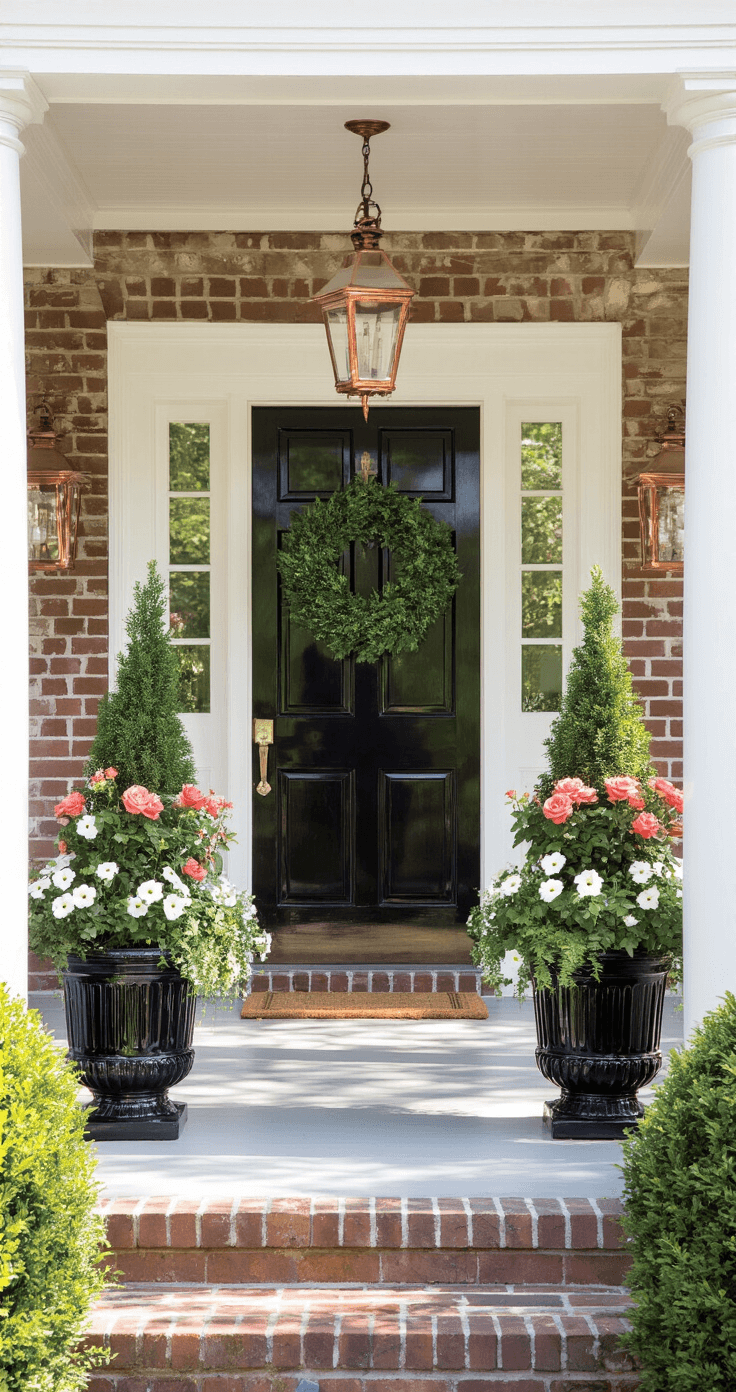 An eye-level view of a colonial porch with morning light illuminating a symmetrical arrangement of tall black ceramic planters flanking a glossy black front door, featuring spiral-trimmed dwarf Alberta spruce, coral drift roses, white nemesia, and draping variegated ivy, against a whitewashed brick backdrop with copper lanterns.
