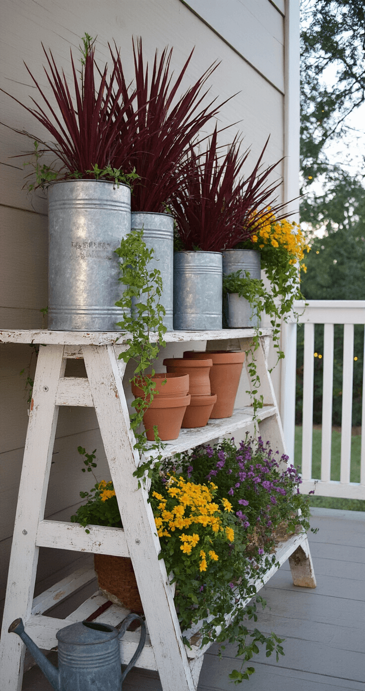 A cozy farmhouse porch corner at dusk, featuring vintage galvanized containers, a distressed ladder shelf with burgundy cordyline spikes, purple verbena, and yellow lantana clusters, with creeping jenny spilling over, a vintage watering can and terracotta pots, and soft fairy lights twinkling in the background.