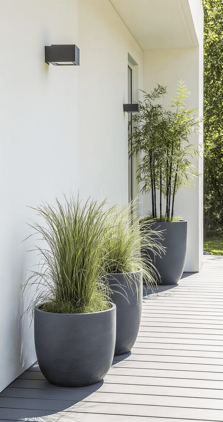 A modern minimalist porch featuring charcoal concrete planters of varying sizes, with black bamboo, Mexican feather grass, and blue festuca grass arranged artistically. The scene showcases steel gray decking and white stucco walls under bright midday sun.