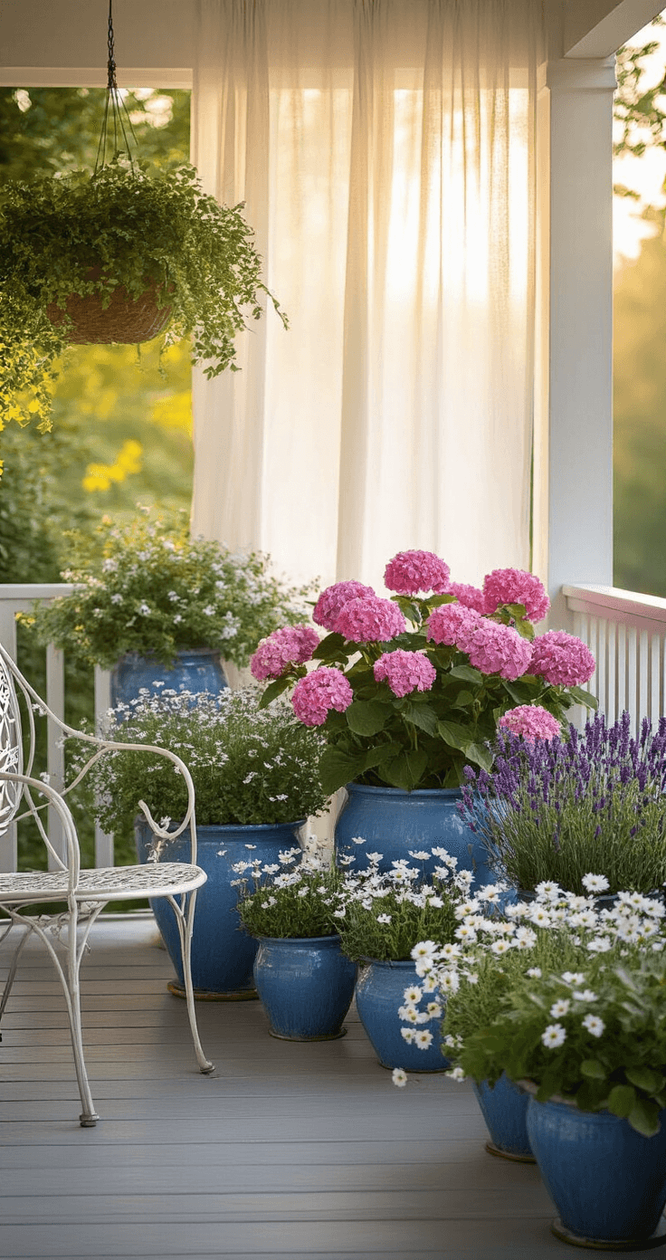 A charming cottage-style covered porch at golden hour, featuring a mixed container garden with weathered blue ceramic pots. Pink diamond hydrangea standards stand tall amidst lavender, white cosmos, and purple salvia, while silver falls dichondra cascades softly. A vintage metal chair enhances the scene, bathed in soft, diffused light filtering through sheer curtains.