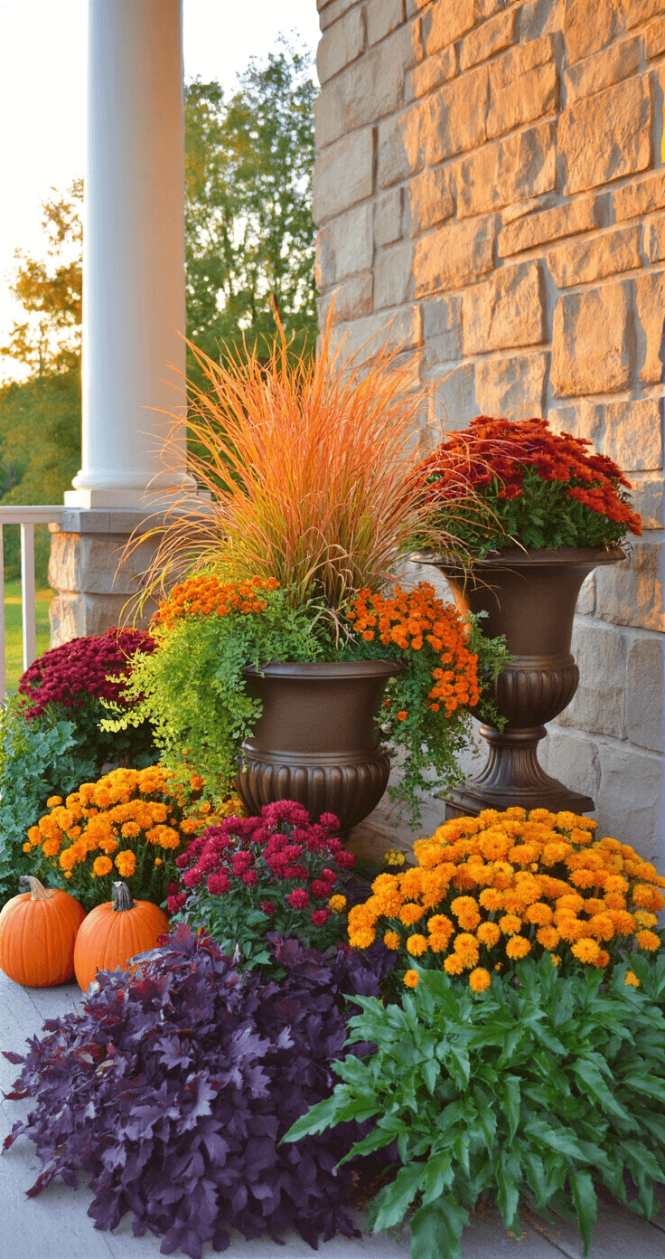 A low-angle view of a fall-themed wraparound porch corner featuring oversized bronze urns filled with orange fountain grass, burgundy mums, ornamental kale, and orange marigolds, complemented by purple sweet potato vine and creeping jenny. Mini pumpkins are scattered among the plants against a warm stone facade at sunset, captured with a focus on seasonal richness.