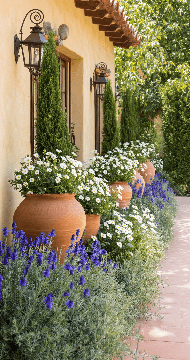 A wide shot of a Mediterranean-inspired veranda with terracotta pottery of varied heights, featuring Italian cypress topiaries, blue lobelia, white marguerite daisies, and purple angelonia, complemented by trailing rosemary and silver helichrysum cascade. Textured stucco walls and wrought iron details enhance the sunlit ambiance.
