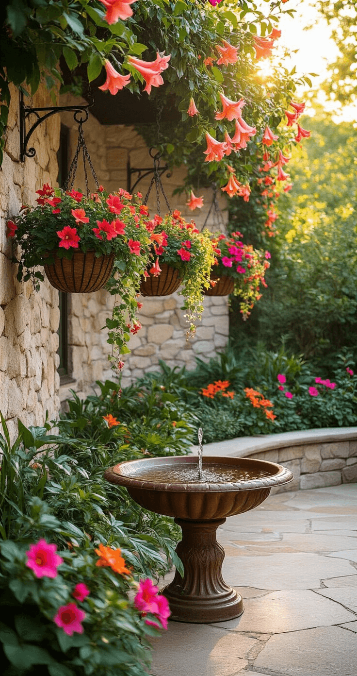 A sunlit backyard patio with a curved stone wall covered in Trumpet Honeysuckle and Cardinal Flowers, featuring hanging baskets of vibrant Fuchsia blooms, a weathered copper birdbath, and lush multi-level plantings in shades of crimson, coral, and green.