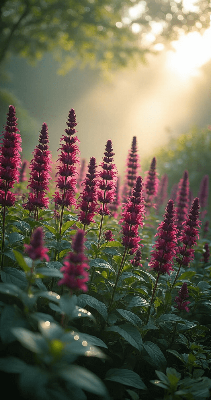 A low-angle view of a serene morning garden nook featuring clusters of red and purple Salvia in the foreground, complemented by tall Bee Balm stalks. Morning mist shrouds the scene, enhancing the ethereal atmosphere as dewdrops shimmer in the soft light filtering through the overhead tree canopy. The rich textures of glossy leaves contrast with the matte flower petals, while the color palette includes burgundy red, royal purple, and emerald green, highlighted by silvery light accents.
