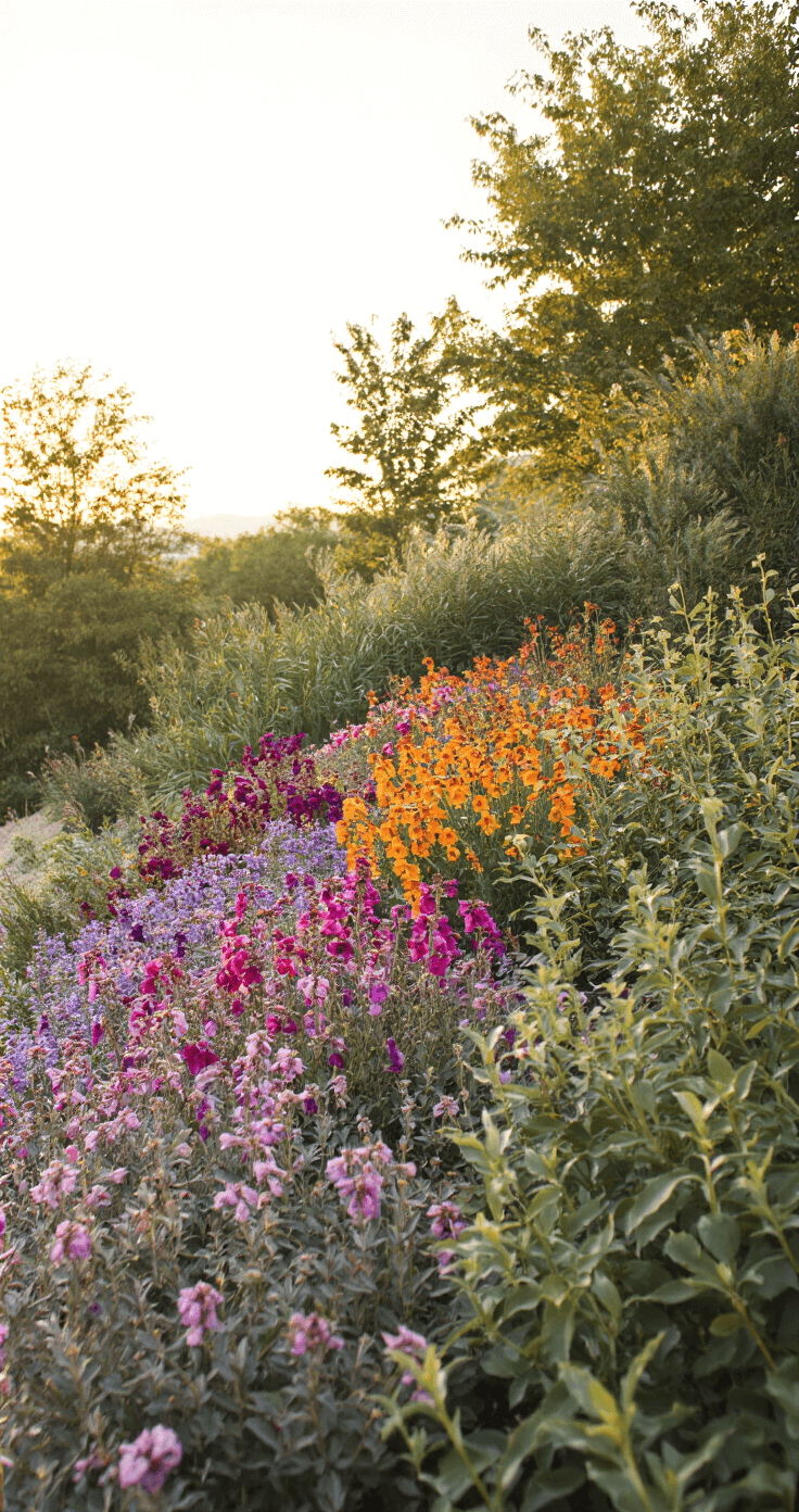 Elevated view of a 15ft wide tiered garden bed at 4pm, showcasing a vibrant color gradient of penstemon and lantana in sunset orange, dusky pink, and deep violet, complemented by bronze foliage. The wide-angle perspective highlights the intimate composition and intricate textures of the blooms.