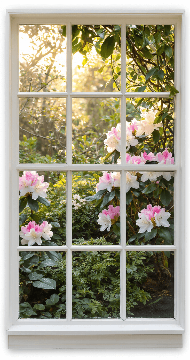 A serene early morning view from inside a home, showcasing a garden vignette framed by blooming rhododendrons and andromedas. Climbing vines add height, while dew-speckled foliage glistens in the soft golden light. The soft pink and creamy white flowers contrast with dark green leaves, all captured with a gentle depth of field.