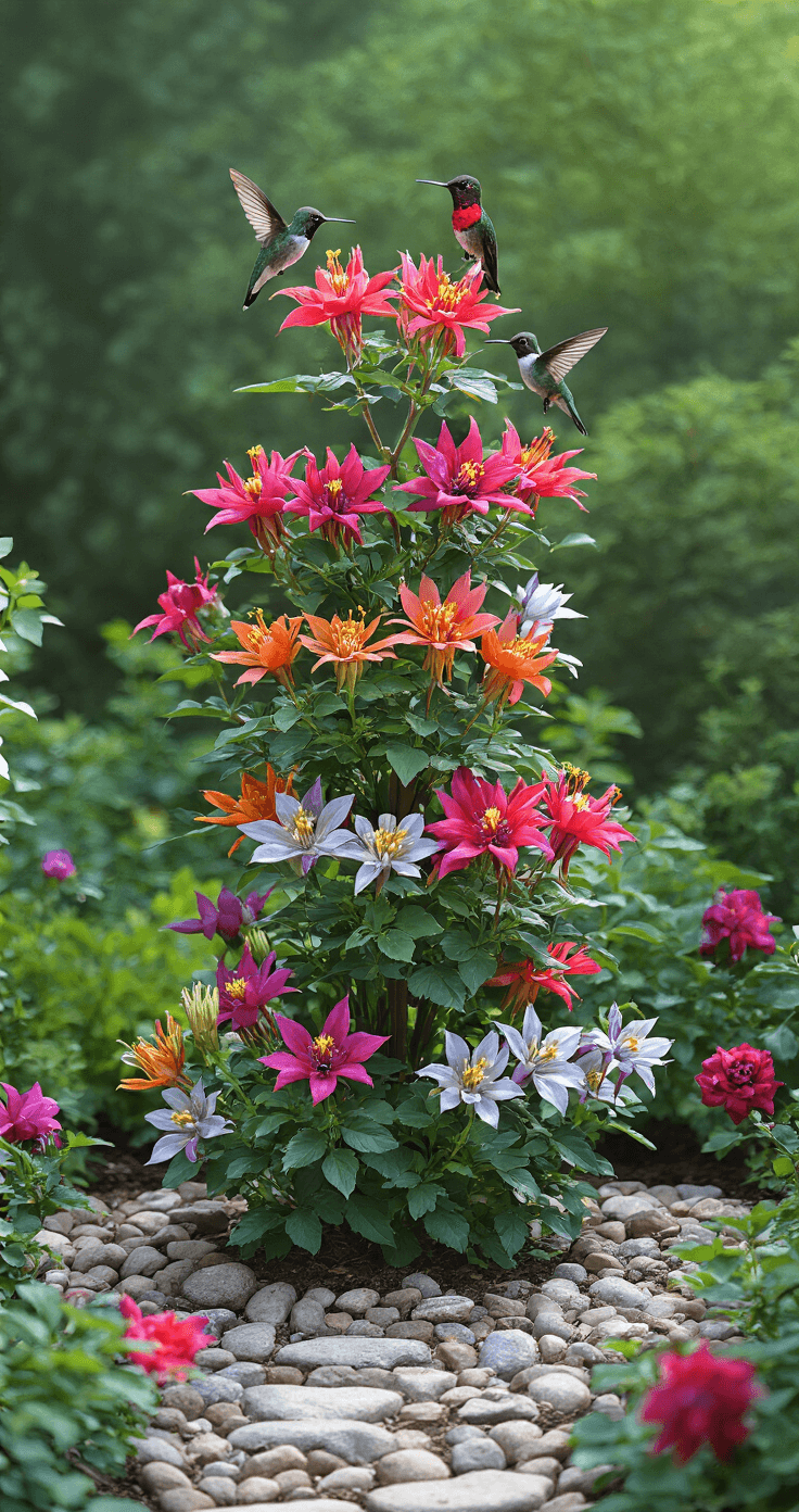 A multi-level nectar station featuring structured tiers of columbine and phlox, designed for hummingbirds, in a 10x12ft space. The arrangement showcases various bloom sizes and shapes in bright coral, deep magenta, and silver-green foliage, captured at eye level with soft, even lighting and subtle shadows.