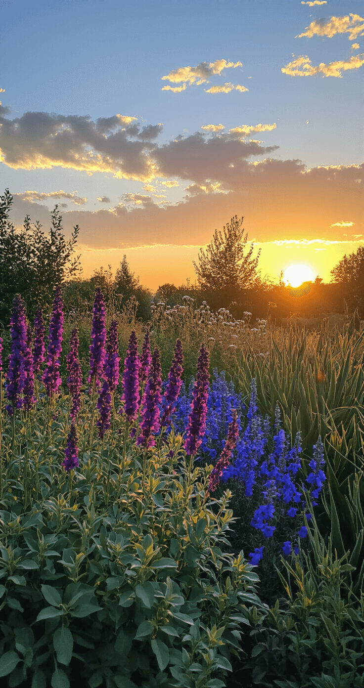 A low-angle shot of a drought-resistant garden bed at sunset, showcasing vibrant groupings of deep crimson Salvia and electric blue Penstemon. The golden hour light casts dramatic shadows and highlights the lush textures of various leaf types, with a background of sage green foliage.