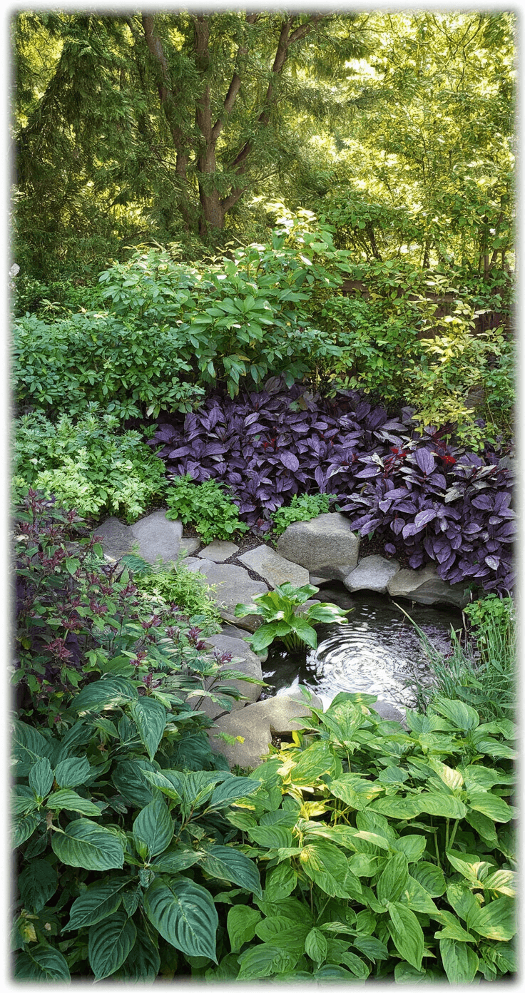 A shaded garden corner at 3pm featuring a 12x12ft collection of native plants, highlighting shade-tolerant nectar plants around a central water feature. The image is taken from a 45-degree elevated angle, showcasing a layered planting design with dynamic light patterns filtered through the tree canopy. Natural rock elements are integrated throughout, with a color palette of deep purple, forest green, and burgundy, accented by silver water reflections.