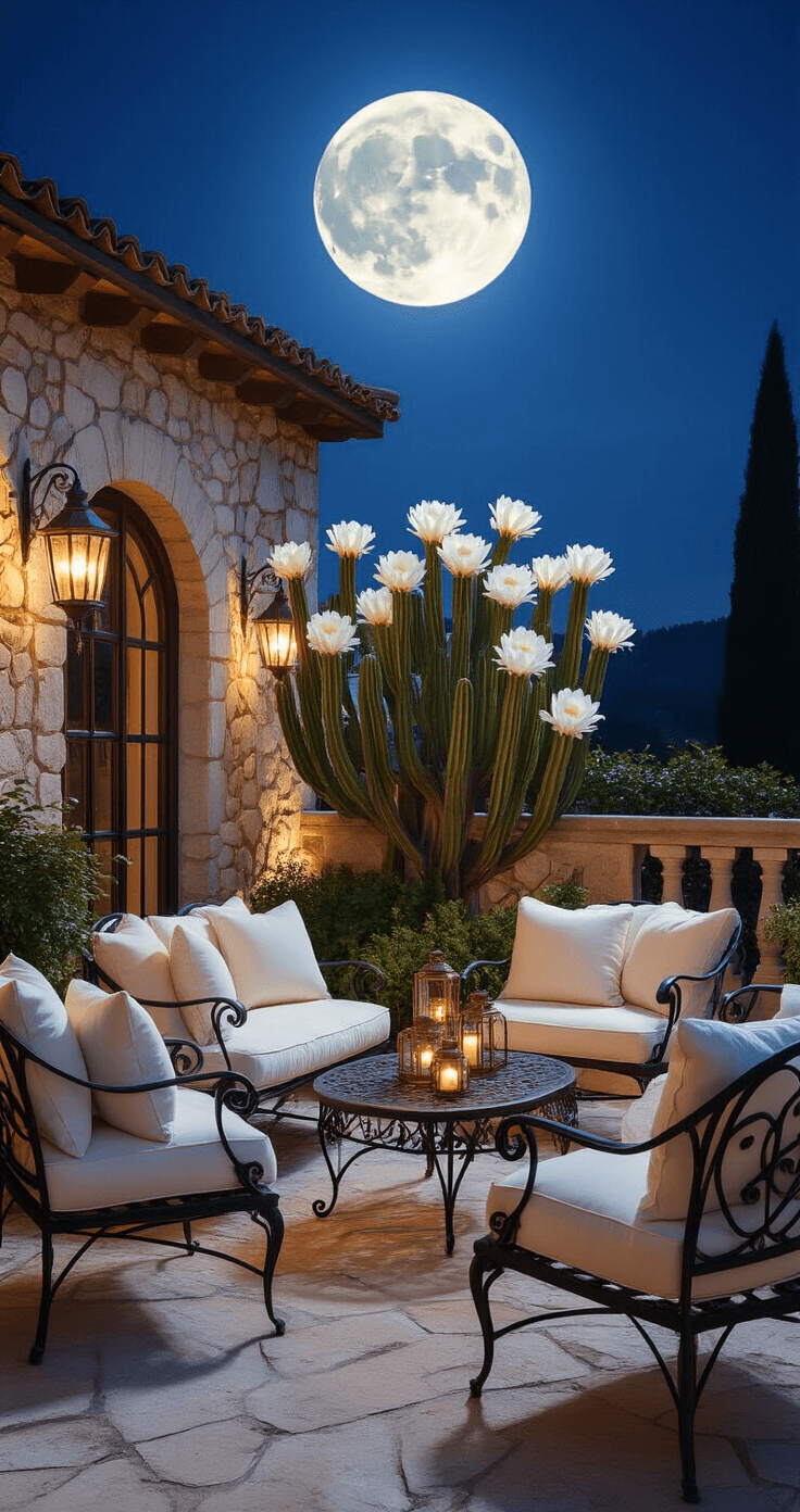 A moonlit Mediterranean terrace with a blooming Queen of the Night cactus, surrounded by wrought iron furniture and illuminated by copper lanterns, captured from an elevated angle in ultra-realistic detail.