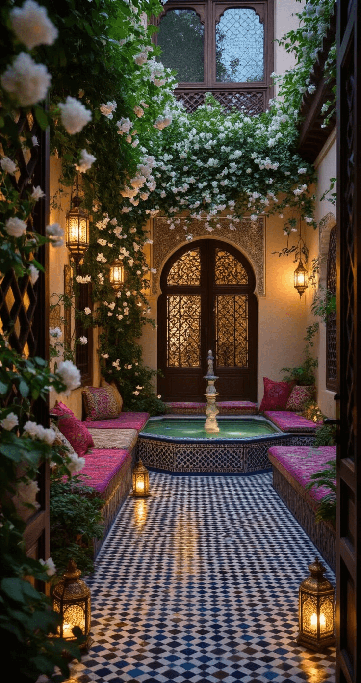 Intimate Moroccan-inspired courtyard at twilight, adorned with climbing night jasmine and a mosaic tile fountain, featuring brass lanterns and twinkle lights, filled with rich textiles and a focus on blooming jasmine in the foreground.
