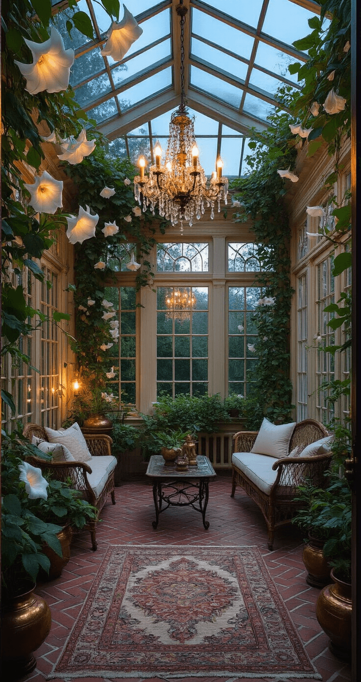 A Victorian conservatory at dusk featuring a soaring glass ceiling, moonflowers climbing wrought iron trellises, and a dimmed crystal chandelier. The room has vintage botanical prints, aged copper planters, and herringbone brick flooring with Persian runners, set in a moody atmosphere with golden hour lighting.
