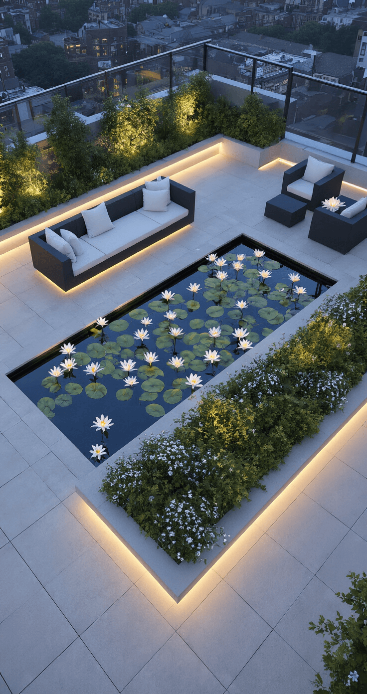 A contemporary 30x30ft rooftop garden at midnight featuring a reflecting pool with blooming water lilies, minimalist concrete planters with night phlox and evening primrose, LED strip lighting under benches, sleek charcoal outdoor furniture with ivory cushions, and a geometric layout illuminated in cool tones.