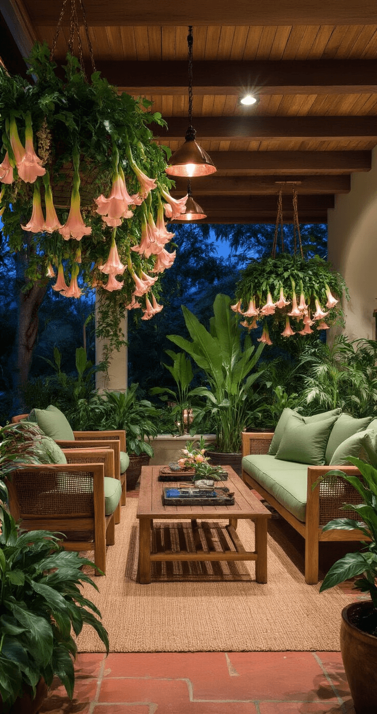 A lush tropical night garden on a covered lanai featuring cascading angel's trumpets and night-blooming cereus, with teak furniture and sage green upholstery, natural fiber rugs on coral stone flooring, and copper rain chains, illuminated by directional lighting that casts dramatic shadows and highlights the pendant blooms.