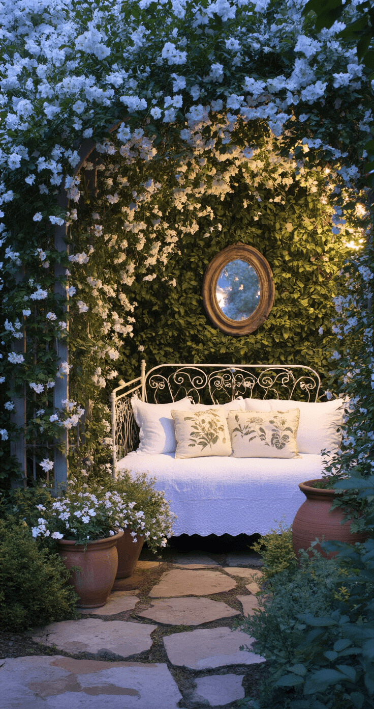 A cozy secret garden nook at dusk featuring night-blooming jasmine and evening stock, with a vintage iron daybed adorned with white linens and botanical pillows, surrounded by weathered terra cotta containers and a stone path, capturing the soft glow of moonlight reflected in an antique mirror.