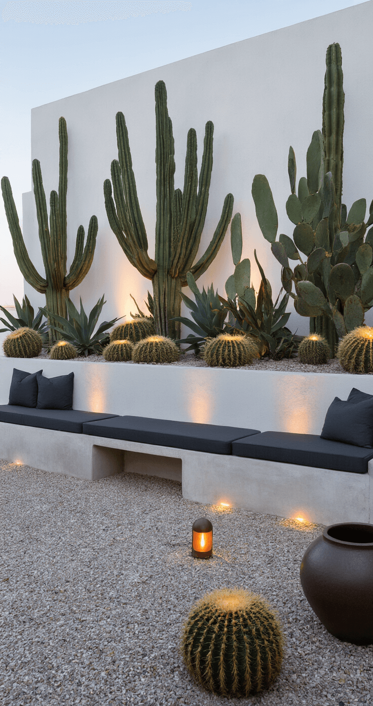A modern desert garden at midnight featuring blooming Queen of the Night cacti against a white stucco wall, with low-profile concrete seating, crushed granite pathways lit by copper path lights, and large ceramic vessels illuminated from below, all captured from a ground-level perspective with an ultra-wide lens.
