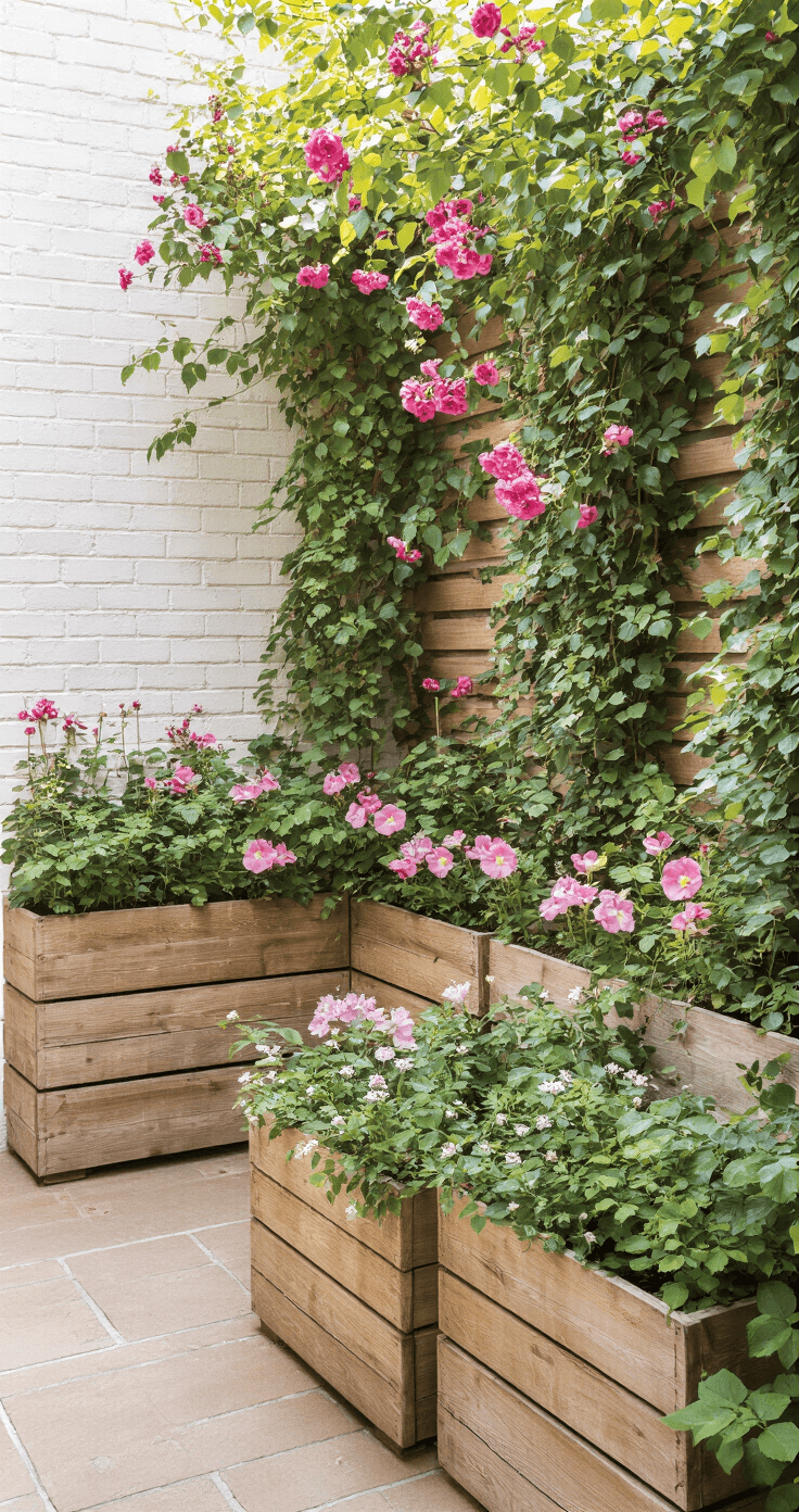 A cozy cottage garden corner featuring weathered cedar planter boxes filled with cascading pink flowers and lush sage green foliage, illuminated by early morning light filtering through climbing roses, arranged in an L-formation against a whitewashed brick wall, with gentle shadows and warm tones.