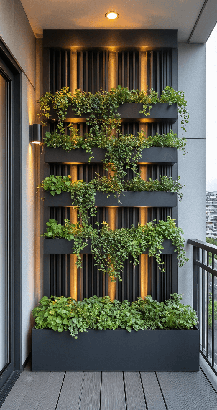 A contemporary urban balcony features a full-height vertical metal planter system with matte black modular planters filled with trailing vines and compact herbs. The low-angle shot captures dusk lighting with subtle integrated LEDs, emphasizing the vertical dimension and highlighting the industrial grey metals, emerald greenery, and charcoal decking.
