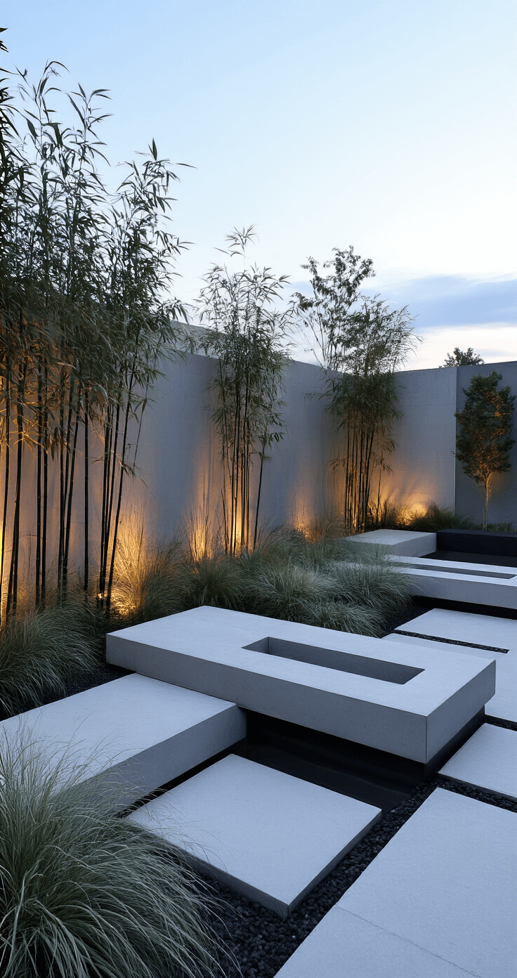 A contemporary zen garden features minimalist concrete planter boxes with integrated seating, arranged in a linear fashion with black bamboo and silver ornamental grasses, bathed in atmospheric blue hour lighting that enhances the moody ambiance.