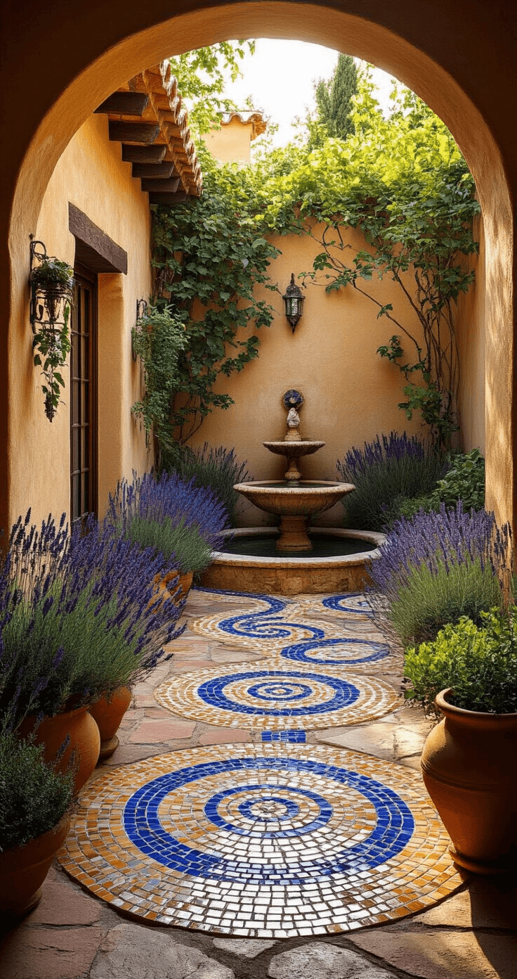 A wide-angle photograph of a sunlit Mediterranean-style garden courtyard featuring a mosaic pathway leading to a weathered stone fountain. The broken ceramic tiles in turquoise, cobalt blue, and amber form spiral patterns, while terra cotta planters overflow with lavender and rosemary. Textured stucco walls with embedded mirror fragments reflect golden hour light, creating a warm, inviting, and romantic atmosphere. The camera is positioned at the pathway entrance, enhancing the leading lines.