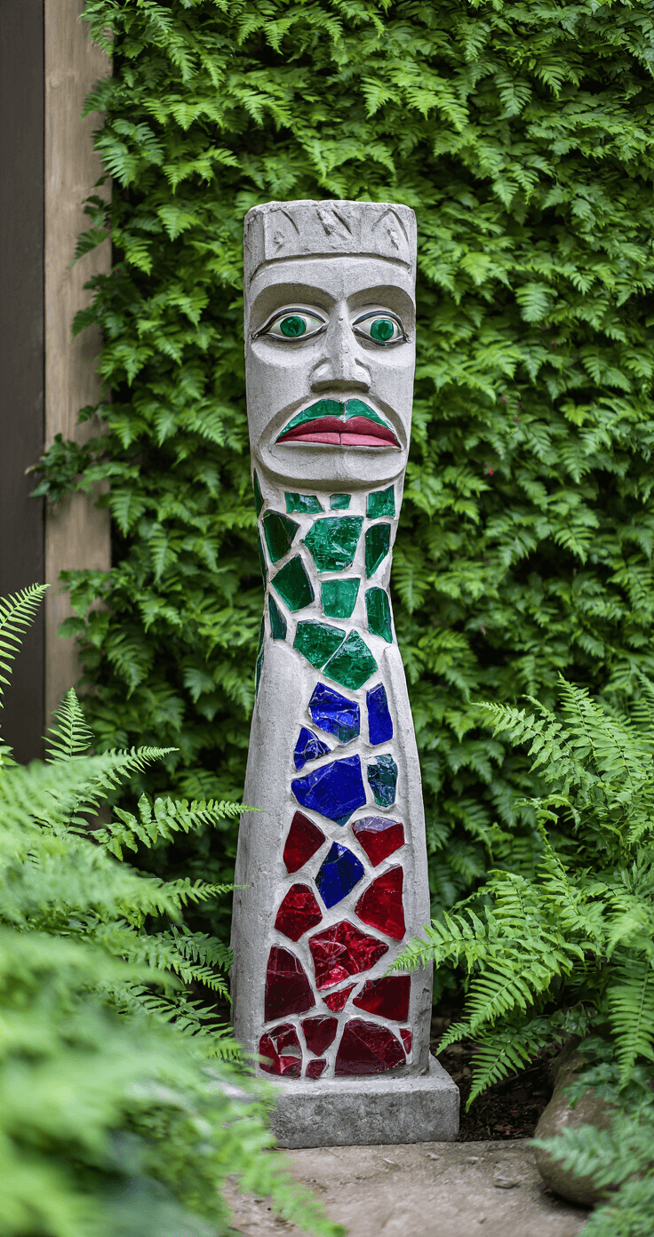Close-up of a 6-foot handcrafted mosaic garden totem made of recycled glass in emerald, sapphire, and ruby, set against a lush green wall in an intimate garden nook. Morning dew glistens on nearby ferns, with soft diffused natural lighting highlighting the totem in a mystical atmosphere.